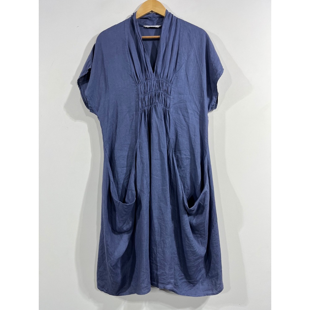 Luna Luz Coastal Lagenlook 100% Linen Smocked Pocket Midi Dress Womens Medium